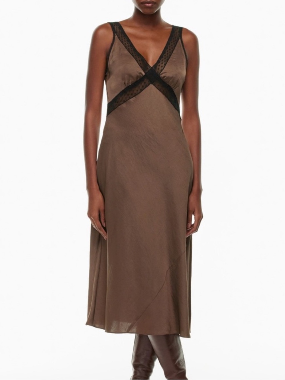 House Of Harlow 1960 Brown Satin Maxi Dress With Black Lace Trim size Large $198